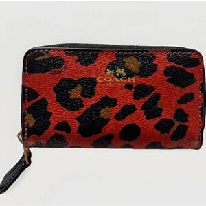 COACH LEOPARD PRINT DOUBLE ZIP COIN/CARD CASE Bright Red Poppy
